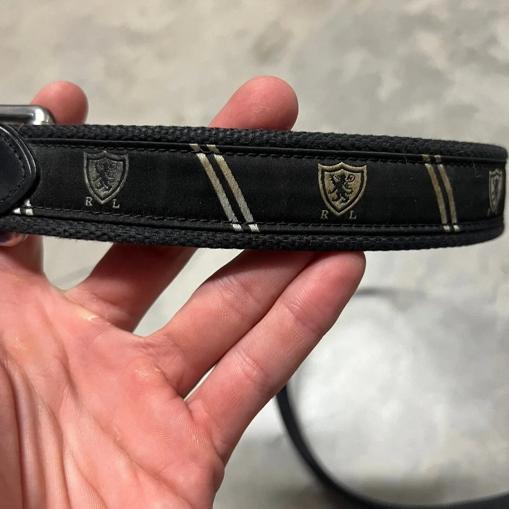 Polo Ralph Lauren Mens Belt 38 Black Canvas Leather Heraldic Crest Ribbon